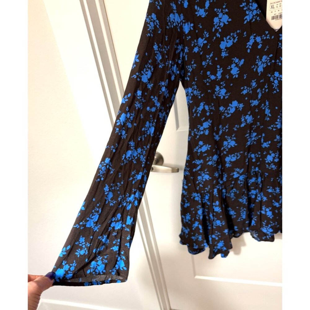 ZARA BLUE DARK BROWN FLORAL PRINT V-NECK MINI RUFFLED HEM DRESS SZ L NWT - Picture 7 of 13